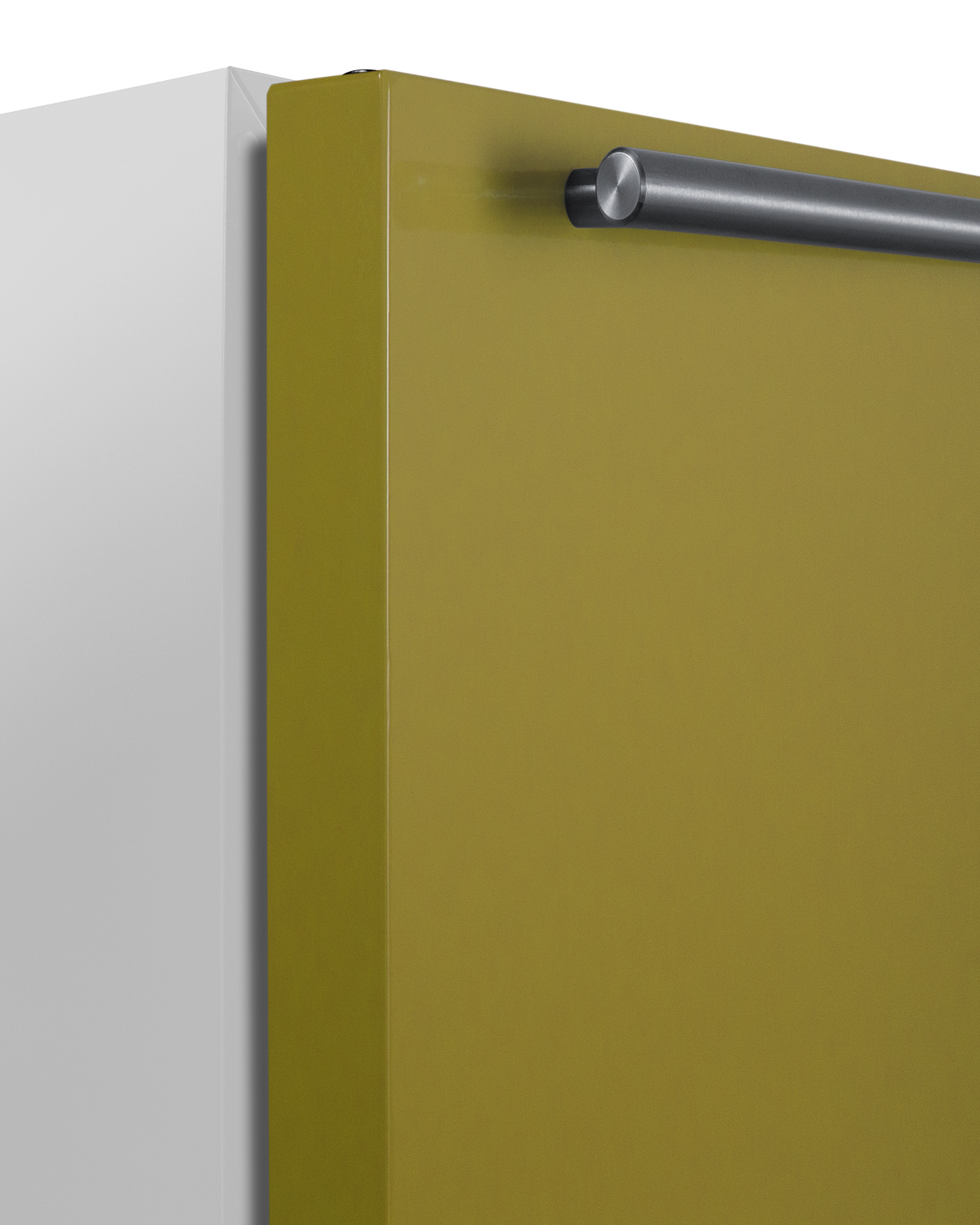 24 in. wide ADA height refrigerator-freezer for residential use with a saffron gold door, stainless steel handle, and white cabinet